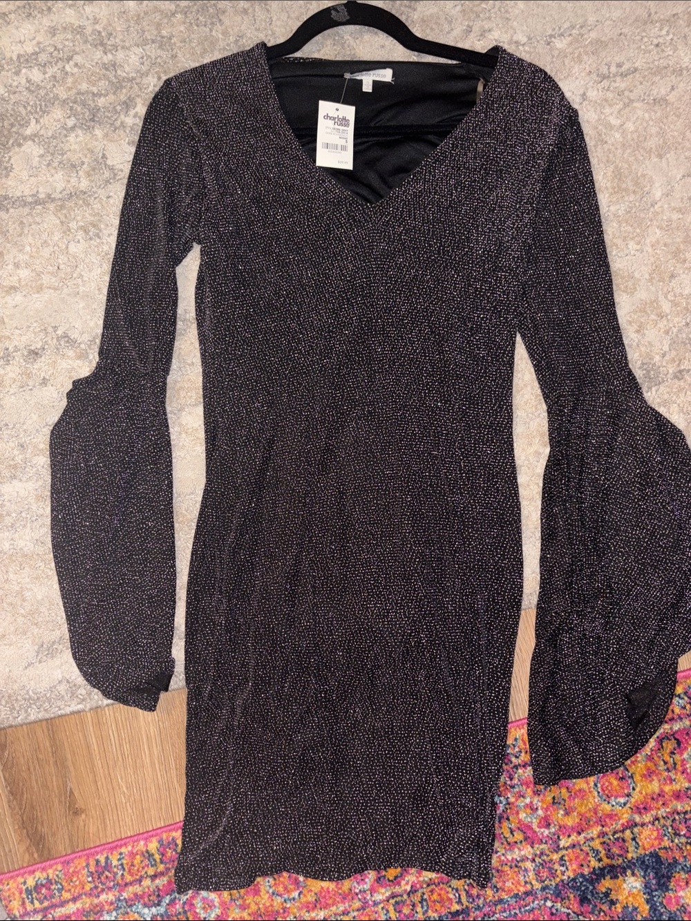 OFFERS OPEN! Small Charlotte Russe Black glitter V-Neck Bell Sleeve Dress